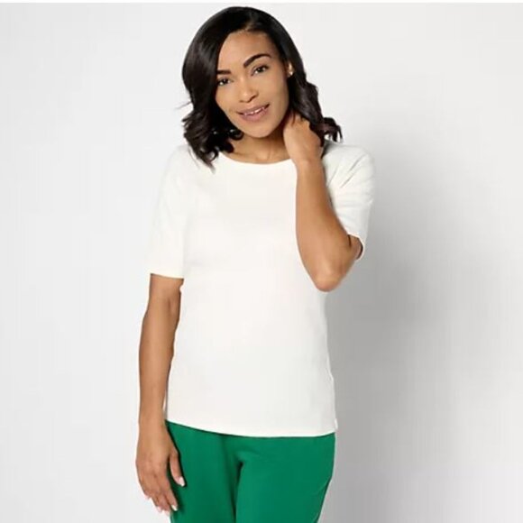AnyBody Rib Knit Elbow-Sleeve Slim Layering Top-White-X-Small - Picture 1 of 2